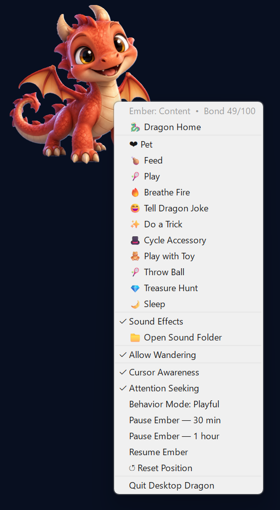 Dragon Home menu showing options like pet, feed, play, breathe fire, tell dragon joke, do a trick, play with toy, throw ball, treasure hunt, and more